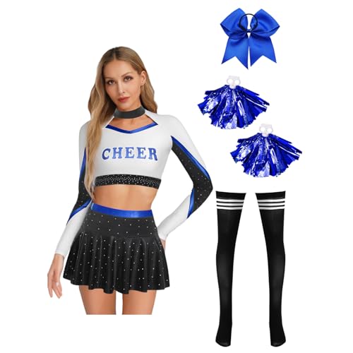 Agoky Damen Cheer Leaderin Kostüm Cheerleading Uniform Langarm Shirt Kurz Bauchfrei Top + Mini Skater Glocken Rock + College Strümpfe + Pompoms + Haargummi Karneval Verkleidung Schwarz Blau XXL Agoky Damen Cheer Leaderin Kostüm Cheerleading Uniform Langarm Shirt Kurz Bauchfrei Top + Mini Skater Glocken Rock + College Strümpfe + Pompoms + Haargummi Karneval Verkleidung Schwarz Blau XXL von Agoky