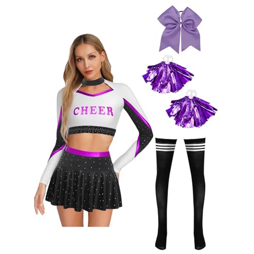 Agoky Damen Cheer Leaderin Kostüm Cheerleading Uniform Langarm Shirt Kurz Bauchfrei Top + Mini Skater Glocken Rock + College Strümpfe + Pompoms + Haargummi Karneval Verkleidung Violett XXL Agoky Damen Cheer Leaderin Kostüm Cheerleading Uniform Langarm Shirt Kurz Bauchfrei Top + Mini Skater Glocken Rock + College Strümpfe + Pompoms + Haargummi Karneval Verkleidung Violett XXL von Agoky