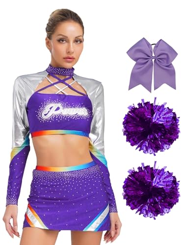 Agoky Damen Cheerleaderin Kostüm Metallic Tanzshirts Kurz Bauchfrei Langarmshirts mit Bodycon Rock Handblumen Haargummi Schule Uniform Halloween Verkleidung Violett S von Agoky