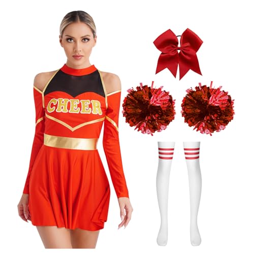 Agoky Damen Cheerleading Uniformen Cheerleaderin Kleid mit Haargummi Metallic Handblumen und Sport Strümpfe Halloween Cosplay Kostüm Motto Party Outfits Rot A L von Agoky