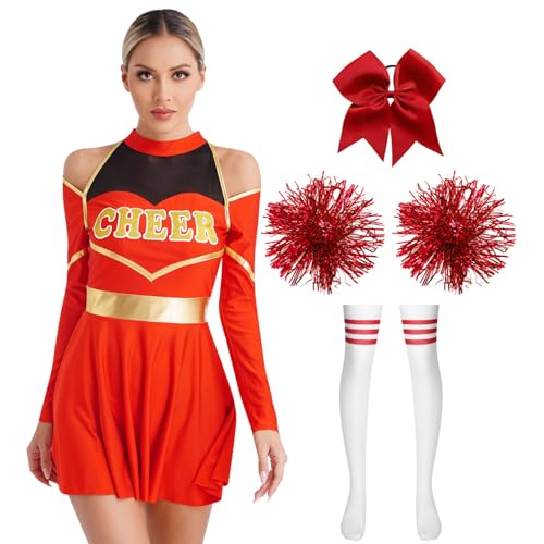 Agoky Damen Cheerleading Uniformen Cheerleaderin Kleid mit Haargummi Metallic Handblumen und Sport Strümpfe Halloween Cosplay Kostüm Motto Party Outfits Rot B S von Agoky