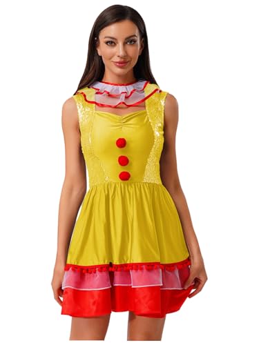 Agoky Damen Clown Kostüm Ärmellos Kleid mit Zierknöpfe Kragen Faltenrock Sommerkleider Minikleider Halloween Fasching Verkleidung Gelb XXL von Agoky