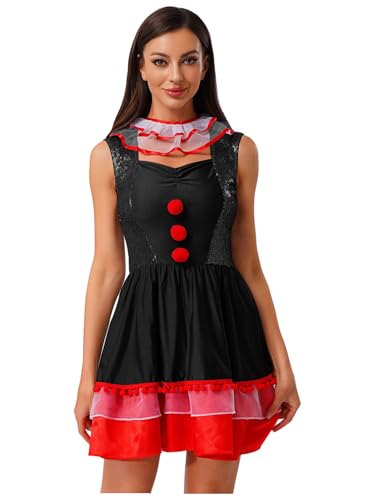 Agoky Damen Clown Kostüm Ärmellos Kleid mit Zierknöpfe Kragen Faltenrock Sommerkleider Minikleider Halloween Fasching Verkleidung Schwarz XXL von Agoky