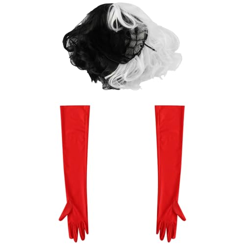 Agoky Damen Cruella-Kostüm 2Pcs Halloween Accessoires Weiß und Schwarz Perücke mit langen Handschuhen Cosplay Fasching Flapper Zubehör 2Stk One Size von Agoky