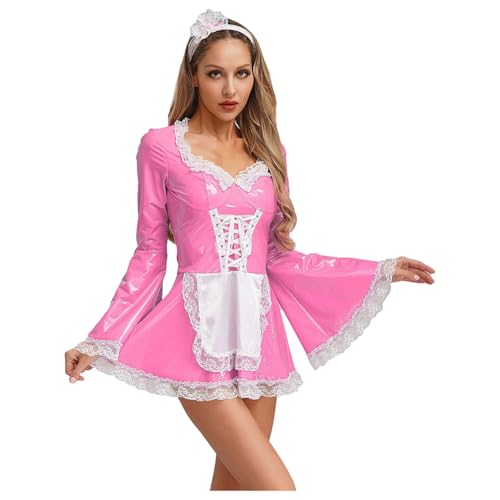 Agoky Damen Dienstmädchen Kostüm Glockenärmel Minikleider Lack Leder Gothic Schnürkleid mit Spitzen Schürze Stirnband Gogo Tanz Outfits Clubwear Rosa M Agoky Damen Dienstmädchen Kostüm Glockenärmel Minikleider Lack Leder Gothic Schnürkleid mit Spitzen Schürze Stirnband Gogo Tanz Outfits Clubwear Rosa M von Agoky