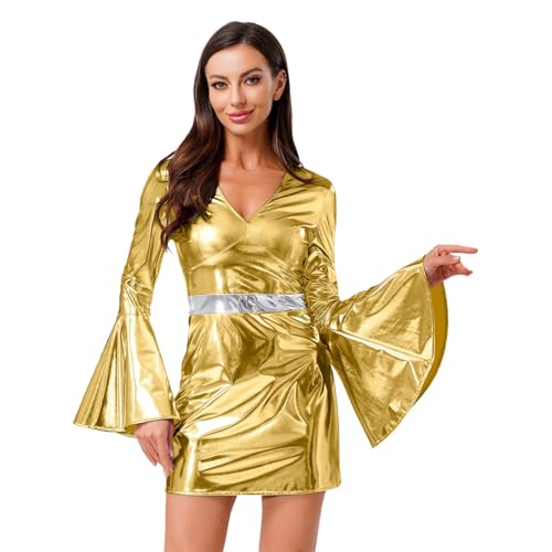 Agoky Damen Langarm Lack Leder Kleid V Ausschnitt Nachtkleid Slim Fit Rock Glockenärmel Minikleid Nachtclub Gogo Tanz Outfit Gold L Agoky Damen Langarm Lack Leder Kleid V Ausschnitt Nachtkleid Slim Fit Rock Glockenärmel Minikleid Nachtclub Gogo Tanz Outfit Gold L von Agoky