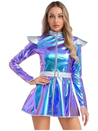 Agoky Damen Langarm Metallic Kleider Stehkragen Partykleid Zipper Vorne Minikleider mit A Linie Rock Alien Cosplay Kostüm Disco Party Outfits Clubwear Blau 4XL von Agoky
