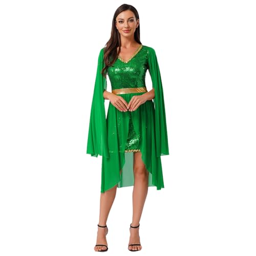 Agoky Damen Langarm Pailletten Kleider Chiffon Partykleider Slim Fit Bodycon Tanzkleider mit Cover Up Rock Weihnachten Elfen Cosplay Kostüm Grün XXL von Agoky