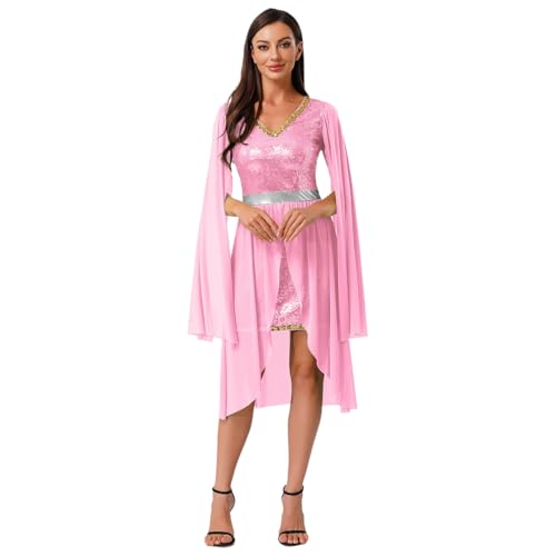 Agoky Damen Langarm Pailletten Kleider Chiffon Partykleider Slim Fit Bodycon Tanzkleider mit Cover Up Rock Weihnachten Elfen Cosplay Kostüm Rosa M von Agoky