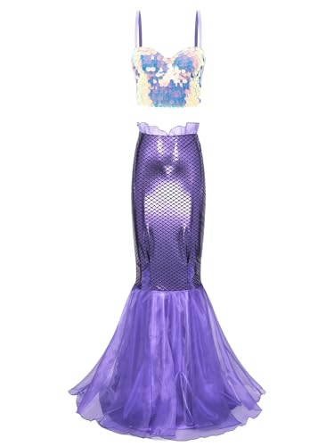 Agoky Damen Meerjungfrau Prinzessin Top und Rock Festlich Fischschuppen Druck Maxirock Fischschwanz Cosplay Kostüme für Mottoparty Fasching Karneval Lavendel und Lila L von Agoky