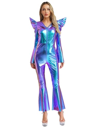 Agoky Damen Metallic Ganzkörperanzug Glockenärmel Shirt mit Rüschen High Waist Body mit Schlaghose Glockenhose 70er 80er Jahre Disco Hippie Kostüm Blau L von Agoky