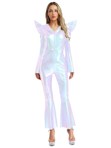 Agoky Damen Metallic Ganzkörperanzug Glockenärmel Shirt mit Rüschen High Waist Body mit Schlaghose Glockenhose 70er 80er Jahre Disco Hippie Kostüm Glänzendes Silber L von Agoky