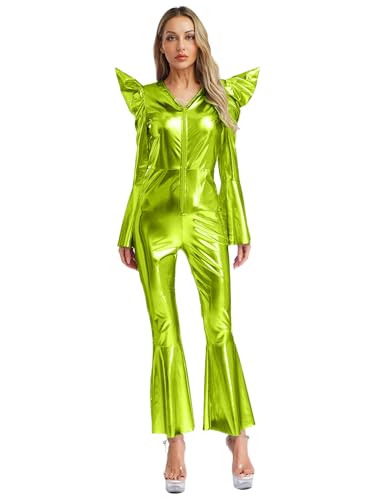 Agoky Damen Metallic Ganzkörperanzug Glockenärmel Shirt mit Rüschen High Waist Body mit Schlaghose Glockenhose 70er 80er Jahre Disco Hippie Kostüm Leuchtendes Grün L von Agoky