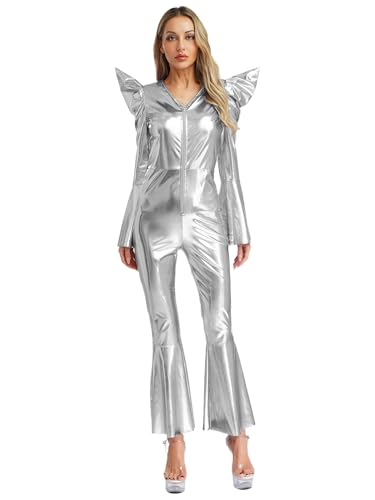 Agoky Damen Metallic Ganzkörperanzug Glockenärmel Shirt mit Rüschen High Waist Body mit Schlaghose Glockenhose 70er 80er Jahre Disco Hippie Kostüm Silber L von Agoky