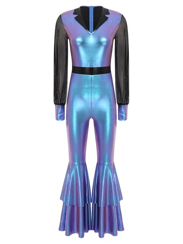 Agoky Damen Metallic Ganzkörperanzug Puffärmel Langarmshirt und High Waist Schlaghose Glockenhose 70er 80er Jahre Disco Hippie Kostüm Party Clubwear Farbverlauf Blau XXL von Agoky
