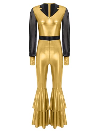 Agoky Damen Metallic Ganzkörperanzug Puffärmel Langarmshirt und High Waist Schlaghose Glockenhose 70er 80er Jahre Disco Hippie Kostüm Party Clubwear Gold M von Agoky