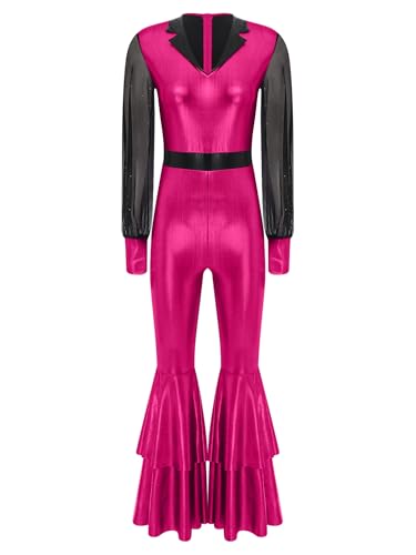 Agoky Damen Metallic Ganzkörperanzug Puffärmel Langarmshirt und High Waist Schlaghose Glockenhose 70er 80er Jahre Disco Hippie Kostüm Party Clubwear Hot Pink XXL von Agoky