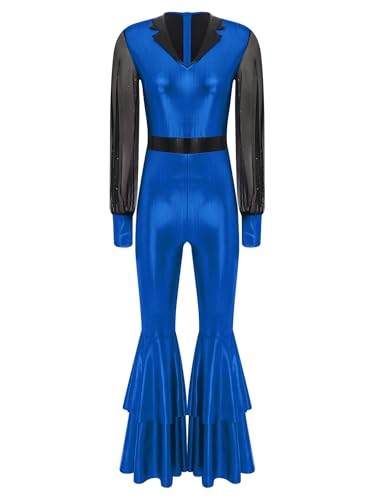 Agoky Damen Metallic Ganzkörperanzug Puffärmel Langarmshirt und High Waist Schlaghose Glockenhose 70er 80er Jahre Disco Hippie Kostüm Party Clubwear Königsblau XL von Agoky