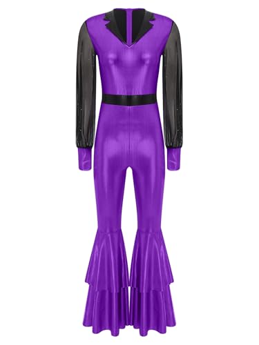Agoky Damen Metallic Ganzkörperanzug Puffärmel Langarmshirt und High Waist Schlaghose Glockenhose 70er 80er Jahre Disco Hippie Kostüm Party Clubwear Violett XXL von Agoky