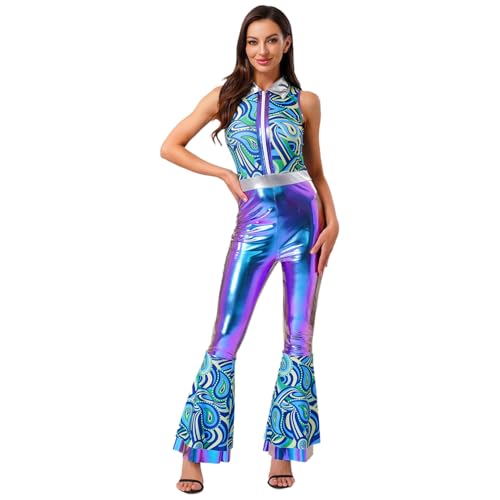 Agoky Damen Metallic Jumpsuit Ärmellos Hemd mit Kenkragen Bedruckt Bluse und High Waist Schlaghose Glockenhose 70er 80er Jahre Disco Hippie Kostüm Farbverlauf Blau L Agoky Damen Metallic Jumpsuit Ärmellos Hemd mit Kenkragen Bedruckt Bluse und High Waist Schlaghose Glockenhose 70er 80er Jahre Disco Hippie Kostüm Farbverlauf Blau L von Agoky