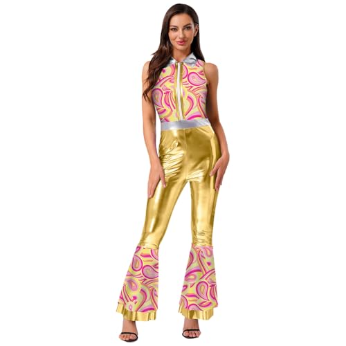 Agoky Damen Metallic Jumpsuit Ärmellos Hemd mit Kenkragen Bedruckt Bluse und High Waist Schlaghose Glockenhose 70er 80er Jahre Disco Hippie Kostüm Gold XL Agoky Damen Metallic Jumpsuit Ärmellos Hemd mit Kenkragen Bedruckt Bluse und High Waist Schlaghose Glockenhose 70er 80er Jahre Disco Hippie Kostüm Gold XL von Agoky