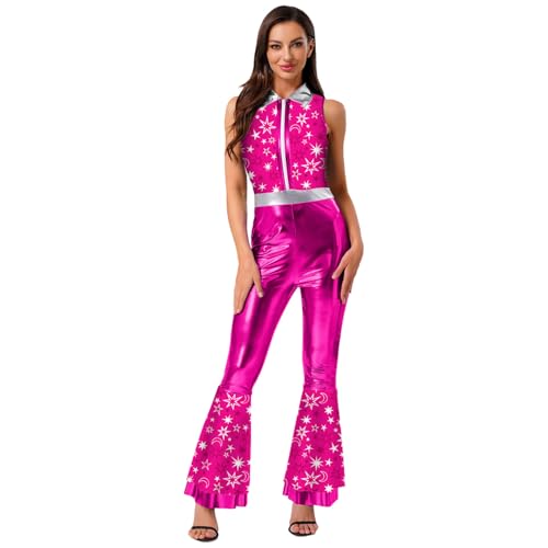 Agoky Damen Metallic Jumpsuit Ärmellos Hemd mit Kenkragen Bedruckt Bluse und High Waist Schlaghose Glockenhose 70er 80er Jahre Disco Hippie Kostüm Hot Pink L Agoky Damen Metallic Jumpsuit Ärmellos Hemd mit Kenkragen Bedruckt Bluse und High Waist Schlaghose Glockenhose 70er 80er Jahre Disco Hippie Kostüm Hot Pink L von Agoky