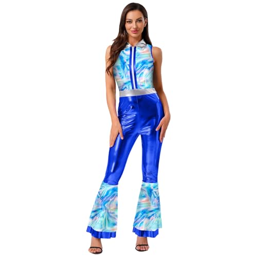 Agoky Damen Metallic Jumpsuit Ärmellos Hemd mit Kenkragen Bedruckt Bluse und High Waist Schlaghose Glockenhose 70er 80er Jahre Disco Hippie Kostüm Königsblau L Agoky Damen Metallic Jumpsuit Ärmellos Hemd mit Kenkragen Bedruckt Bluse und High Waist Schlaghose Glockenhose 70er 80er Jahre Disco Hippie Kostüm Königsblau L von Agoky