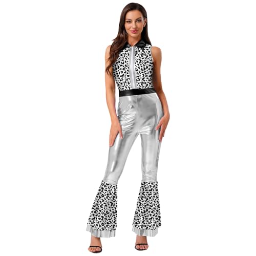Agoky Damen Metallic Jumpsuit Ärmellos Hemd mit Kenkragen Bedruckt Bluse und High Waist Schlaghose Glockenhose 70er 80er Jahre Disco Hippie Kostüm Silber S Agoky Damen Metallic Jumpsuit Ärmellos Hemd mit Kenkragen Bedruckt Bluse und High Waist Schlaghose Glockenhose 70er 80er Jahre Disco Hippie Kostüm Silber S von Agoky