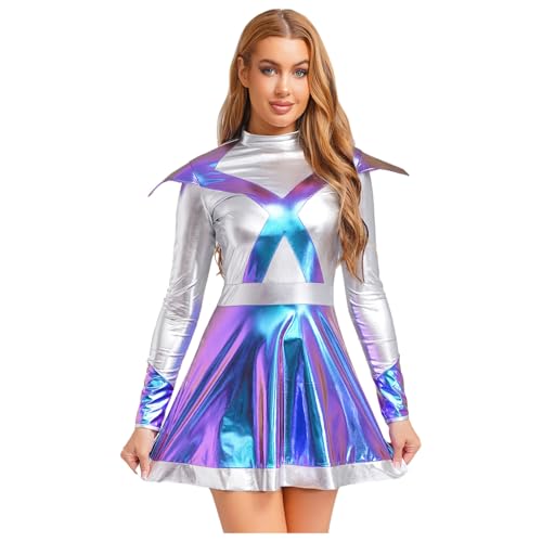Agoky Damen Metallic Kleider Langarm Partykleid Farbblock Minikleider mit Ausgestellt Rock Alien Cosplay Halloween Kostüm Gogo Clubwear Blau S von Agoky