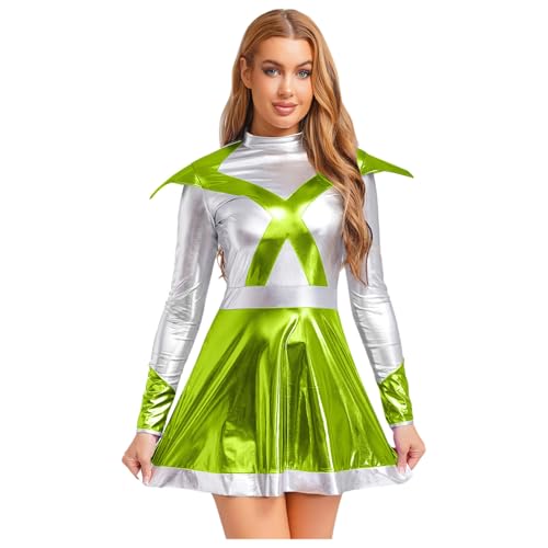 Agoky Damen Metallic Kleider Langarm Partykleid Farbblock Minikleider mit Ausgestellt Rock Alien Cosplay Halloween Kostüm Gogo Clubwear Grün XXL von Agoky