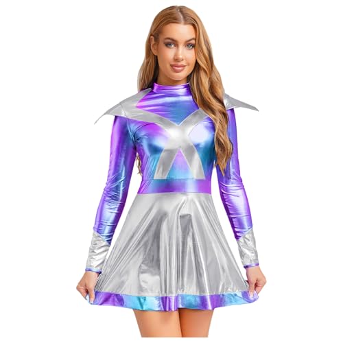 Agoky Damen Metallic Kleider Langarm Partykleid Farbblock Minikleider mit Ausgestellt Rock Alien Cosplay Halloween Kostüm Gogo Clubwear Silber XXL von Agoky
