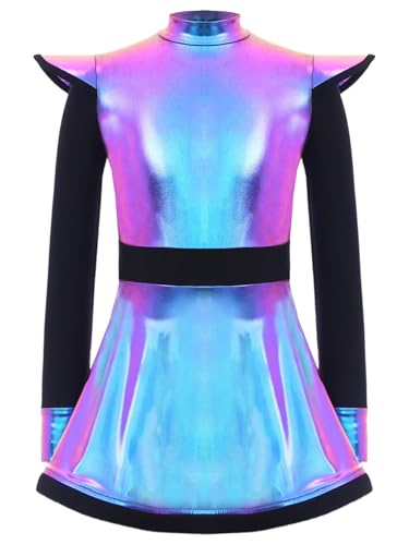 Agoky Damen Metallic Kleider Langarm Rollkragen Partykleid Flügelärmel Minikleider mit A Linie Rock Alien Cosplay Kostüm Motto Party Outfits Clubwear von Agoky