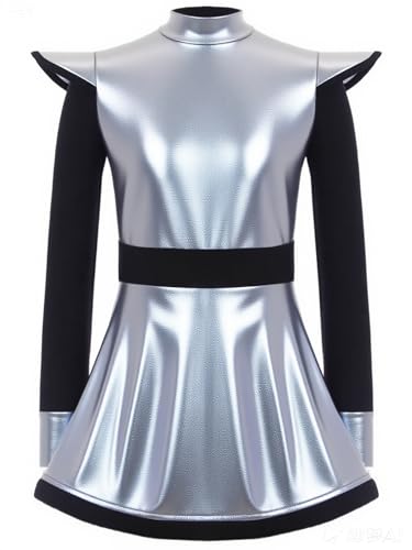 Agoky Damen Metallic Kleider Langarm Rollkragen Partykleid Flügelärmel Minikleider mit A Linie Rock Alien Cosplay Kostüm Motto Party Outfits Clubwear von Agoky