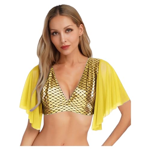 Agoky Damen Metallic Meerjungfrau T-Shirt Kurzarm V-Ausschnitt Crop Top Kurz Bauchfrei Oberteile mit Fischschuppen Druck Gogo Tanz Outfits Clubwear Gold XXL Agoky Damen Metallic Meerjungfrau T-Shirt Kurzarm V-Ausschnitt Crop Top Kurz Bauchfrei Oberteile mit Fischschuppen Druck Gogo Tanz Outfits Clubwear Gold XXL von Agoky