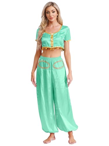 Agoky Damen Prinzessin Cosplay Kostüm aus Kurzarm Crop Top und High Waist Weite Hose Bloomers Arabische Bauchtanzerin Tanzbekleidung Türkis XXL Agoky Damen Prinzessin Cosplay Kostüm aus Kurzarm Crop Top und High Waist Weite Hose Bloomers Arabische Bauchtanzerin Tanzbekleidung Türkis XXL von Agoky