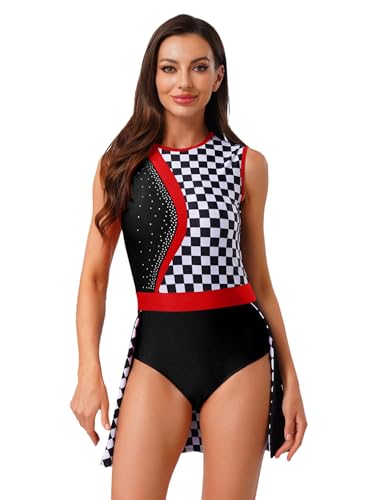 Agoky Damen Rennfahrer Kostüm Ärmellos Body Schachbrett Spleiß Leotard Trikot mit Rüschen Rock Einteiler Overall Jumpsuit Kurz Bodysuit Schwarz L von Agoky