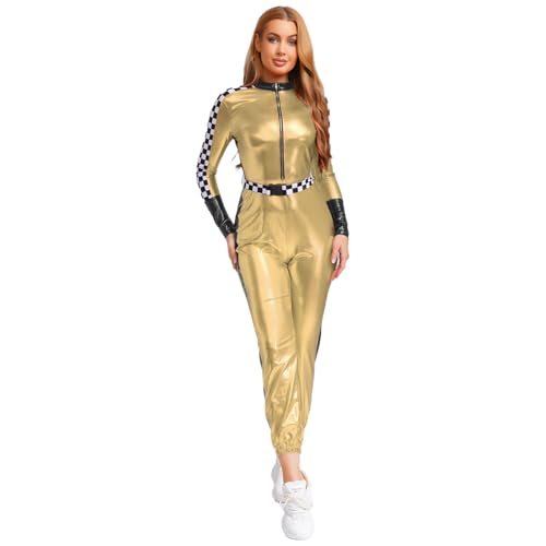 Agoky Damen Rennfahrer Kostüm Lackleder Ganzkörperanzug Langarm Body Schachbrett Spleiß mit Reisverschluss Einteiler Overall Jumpsuit Bodysuit Lang Gold XL Agoky Damen Rennfahrer Kostüm Lackleder Ganzkörperanzug Langarm Body Schachbrett Spleiß mit Reisverschluss Einteiler Overall Jumpsuit Bodysuit Lang Gold XL von Agoky