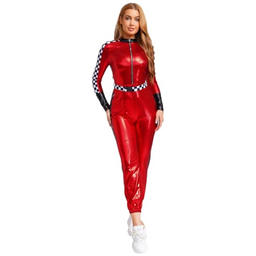 Agoky Damen Rennfahrer Kostüm Lackleder Ganzkörperanzug Langarm Body Schachbrett Spleiß mit Reisverschluss Einteiler Overall Jumpsuit Bodysuit Lang Rot M Agoky Damen Rennfahrer Kostüm Lackleder Ganzkörperanzug Langarm Body Schachbrett Spleiß mit Reisverschluss Einteiler Overall Jumpsuit Bodysuit Lang Rot M von Agoky