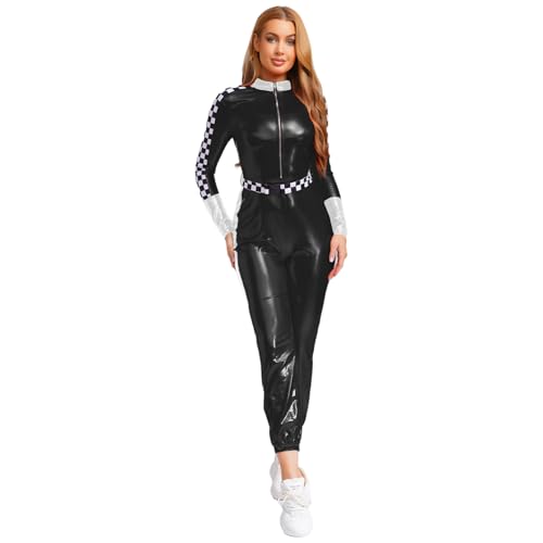 Agoky Damen Rennfahrer Kostüm Lackleder Ganzkörperanzug Langarm Body Schachbrett Spleiß mit Reisverschluss Einteiler Overall Jumpsuit Bodysuit Lang Schwarz M Agoky Damen Rennfahrer Kostüm Lackleder Ganzkörperanzug Langarm Body Schachbrett Spleiß mit Reisverschluss Einteiler Overall Jumpsuit Bodysuit Lang Schwarz M von Agoky