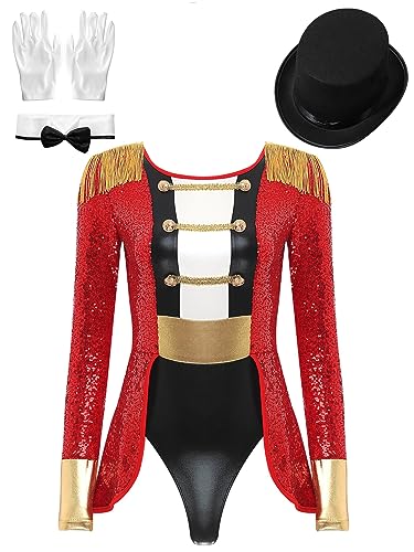 Agoky Damen Sexy Bodysuit Zirkus Kostüm Einteiler Body Trikot Pailletten Trikot Nachtwäsche Halloween Leotard Kostüm Rot G XL von Agoky