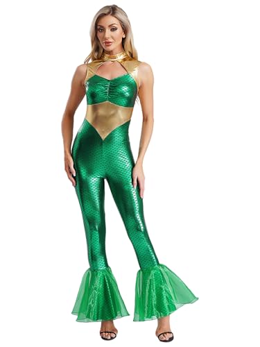 Agoky Damen Wetlook Jumpsuit Ärmellos Overall Meerjungfrau Ganzkörperanzug aus Crop Top und lange Hose mit Schlag Glänzend Lack Leder Catsuit Clubwear Grün L von Agoky