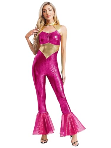 Agoky Damen Wetlook Jumpsuit Ärmellos Overall Meerjungfrau Ganzkörperanzug aus Crop Top und lange Hose mit Schlag Glänzend Lack Leder Catsuit Clubwear Hot Pink XXL von Agoky