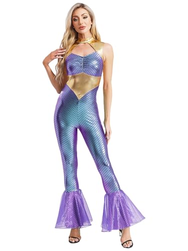 Agoky Damen Wetlook Jumpsuit Ärmellos Overall Meerjungfrau Ganzkörperanzug aus Crop Top und lange Hose mit Schlag Glänzend Lack Leder Catsuit Clubwear Violett L von Agoky