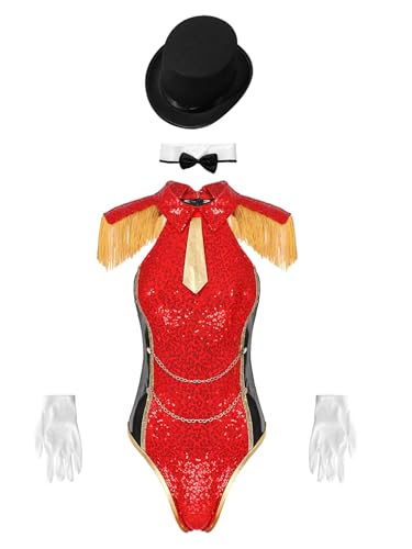 Agoky Damen Zirkus Direktor Kostüm Pailletten Body mit Hut Weiße Handschuhe und Fliege Ringmaster Cosplay Verkleidung Gogo Clubwear Rot S von Agoky
