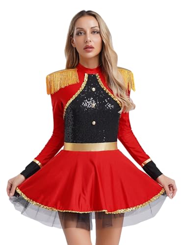 Agoky Damen Zirkus Kostüm Langarm Metallic Anzug Kleid Ringmaster Uniform mit Fransen Schulterstücke Tutu Rock Halloween Motto Party Cosplay Outfits Rot XXL von Agoky