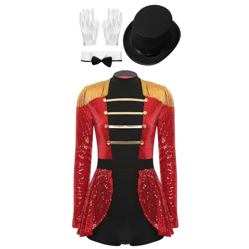 Agoky Damen Zirkus Kostüm Langarm Pailletten Kleid Ringmaster Uniform mit Gentleman Hut Handschuhe und Fliege Halloween Cosplay Outfits Rot XL von Agoky
