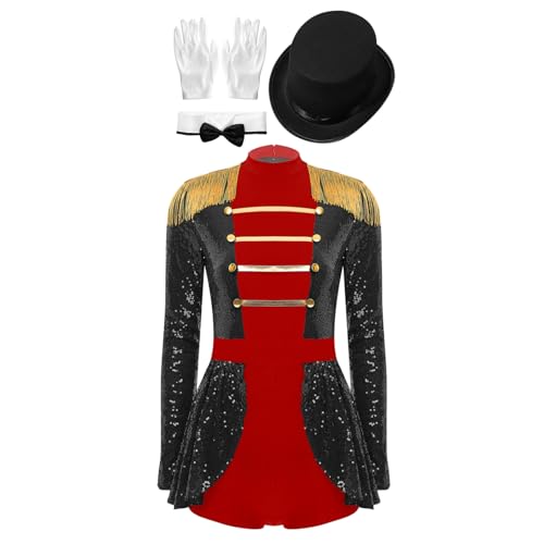 Agoky Damen Zirkus Kostüm Langarm Pailletten Kleid Ringmaster Uniform mit Gentleman Hut Handschuhe und Fliege Halloween Cosplay Outfits Schwarz XXL von Agoky