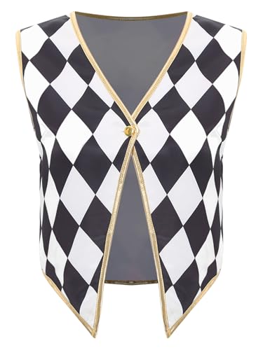 Agoky Damen Zirkusdirektor Cosplay Kostüm Ärmellose V Ausschnitt Weste Karomuster Gilet mit Goldener Besatz Zirkus Vest Ein-Knopf Waistcoat gr. S-3XL Schwarz 3XL von Agoky