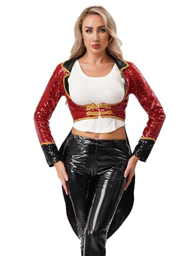 Agoky Damen Zirkusdirektor Kostüm Metallic Zirkus Frack Vorne Kurz Hinten Lang Jacke Pailletten Mantel mit Schürung Taille Elegant Showfrau Outfits von Agoky