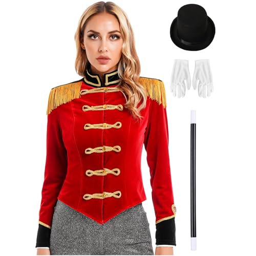 Agoky Damen Zirkusdirektor Kostüm Samt Anzug Jacke mit Fransen Schulterstücke + Hut Handschuhe Zauberstab für Musical Parade Zirkus Uniform Rot M von Agoky